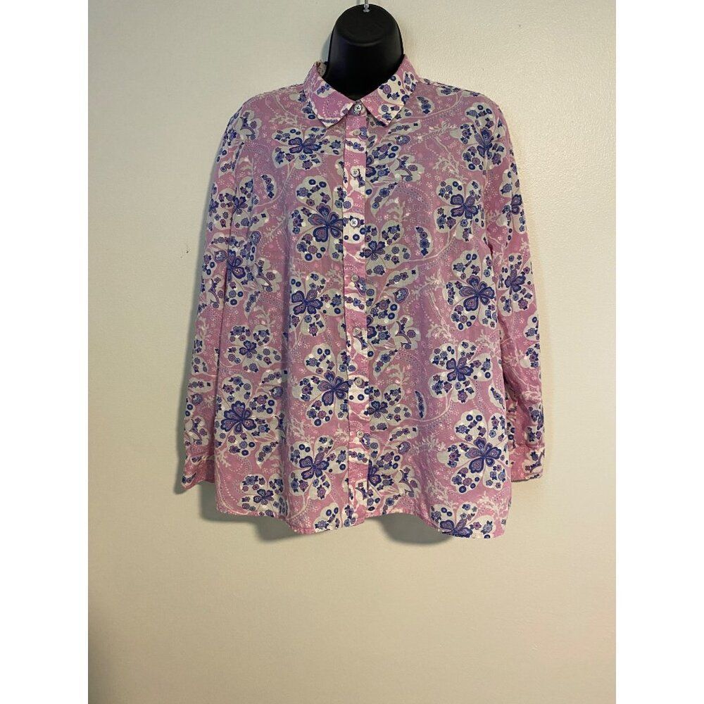Talbots Petite XLP Pink Floral Button-Up Shirt Textured Polka Dot Boho Cottage